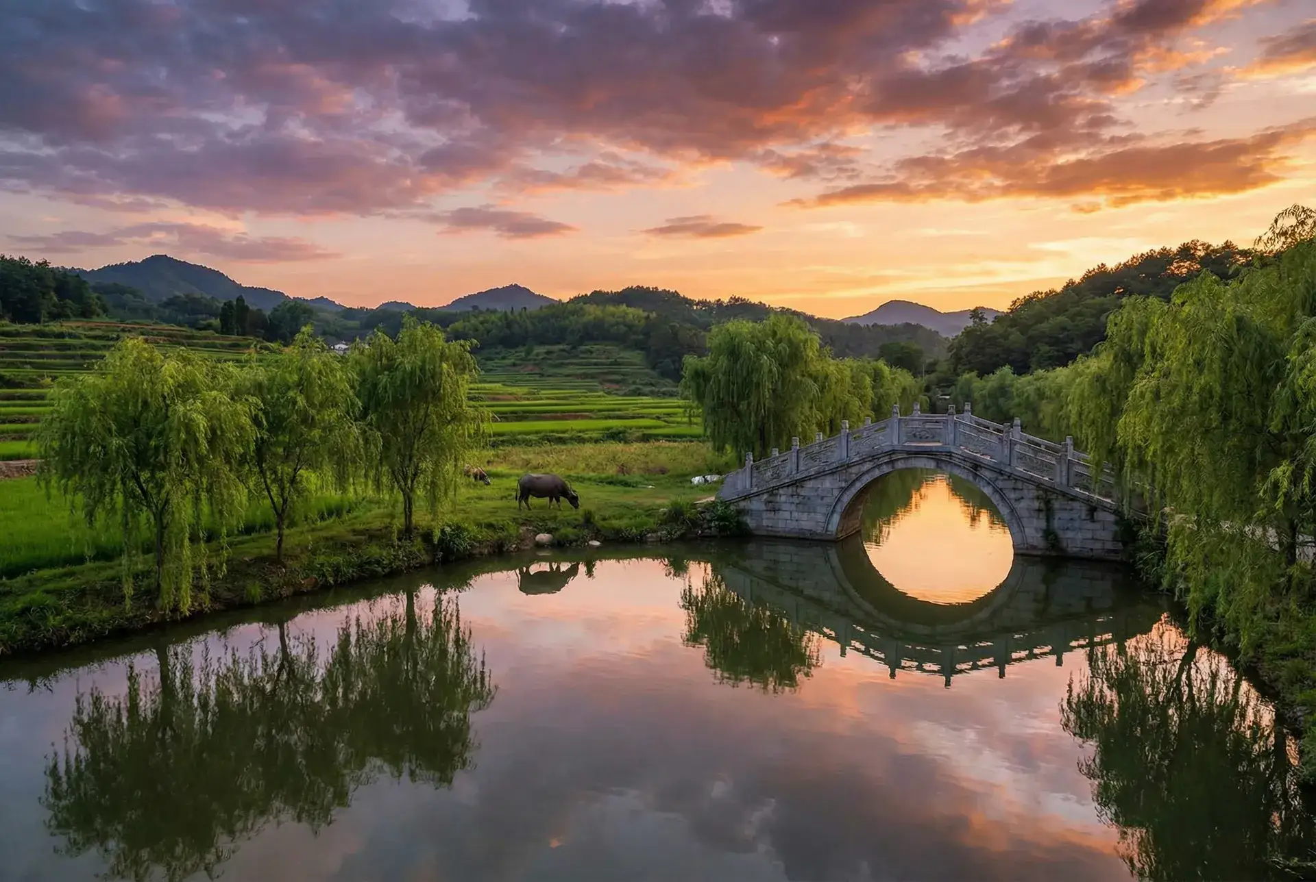 夕阳下的石拱桥与垂柳，水牛在河边吃草 - 自体发光办公室 乡村美景